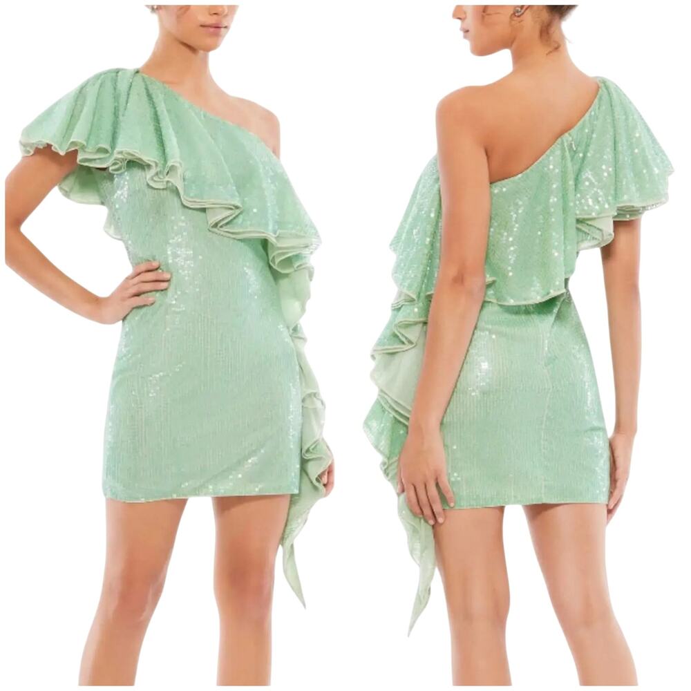 Mac Duggal NWT Green One Shoulder Asymmetrical Ruffled Sequin Mini Dress Size 2